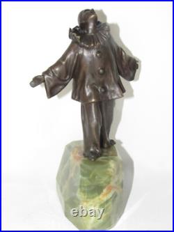 08J13 ANCIENNE STATUE SCULPTURE EN BRONZE ET ONYX PIERROT LA LUNE XIXe SIECLE