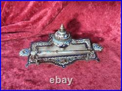 ANCIEN ENCRIER EN BRONZE CLOISONNE ET ALBTRE ET SON PORTE PLUME XIX ème SIECLE