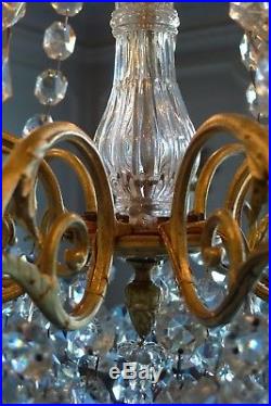 Ancien Lustre A 9 Bras Pampilles Cristal Bronze Napoleon III Fin XIX Siecle
