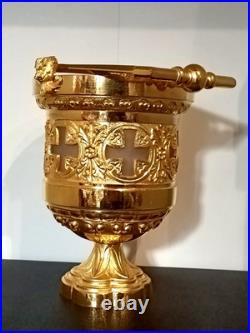 Ancien Sceau Pour Eau Bénite XIXe Siècle Bronze Doré Et Verre