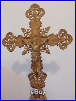 Ancienne Croix Crucifix D'autel En Bronze Tete Angelots XIX Siecle Hauteur 68 CM