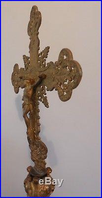 Ancienne Croix Crucifix D'autel En Bronze Tete Angelots XIX Siecle Hauteur 68 CM