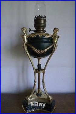 Ancienne Importante Lampe A Petrole Athenienne Bronze Style Empire XIX Siecle