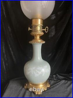 Ancienne Lampe A Huile Celadon Bronze Signee Gagneau Paris XIX Siecle