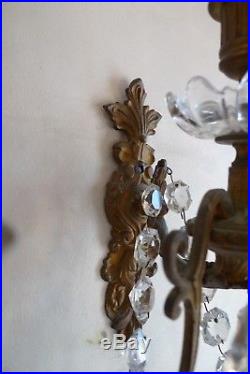 Ancienne Paire Applique 4 Bras Lumiere Pampilles Monture Bronze Fin XIX Siecle