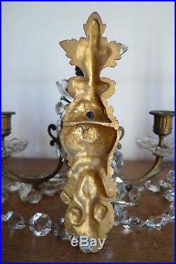 Ancienne Paire Applique 4 Bras Lumiere Pampilles Monture Bronze Fin XIX Siecle