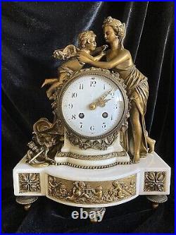 Ancienne Pendule Venus Et L'amour En Bronze Marbre Style Louis XVI XIX Siecle