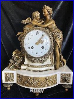 Ancienne Pendule Venus Et L'amour En Bronze Marbre Style Louis XVI XIX Siecle