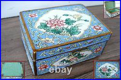Ancienne boîte en émaux de Canton sur fond bleu Chine XIXe siècle