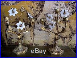 Ancienne paire de chandeliers d'église en bronze et porcelaine XIXe siècle