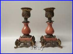 Anciens Bougeoirs bronze or moulu et marbre/cornaline rose Rocaille XIXe siècle