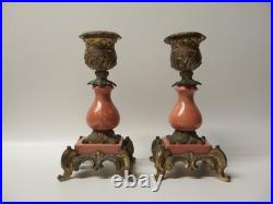 Anciens Bougeoirs bronze or moulu et marbre/cornaline rose Rocaille XIXe siècle