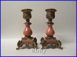 Anciens Bougeoirs bronze or moulu et marbre/cornaline rose Rocaille XIXe siècle