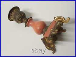 Anciens Bougeoirs bronze or moulu et marbre/cornaline rose Rocaille XIXe siècle
