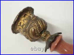 Anciens Bougeoirs bronze or moulu et marbre/cornaline rose Rocaille XIXe siècle