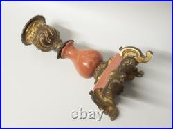Anciens Bougeoirs bronze or moulu et marbre/cornaline rose Rocaille XIXe siècle