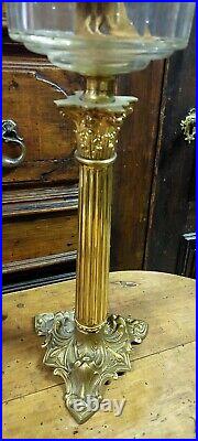 Antique Lumière À Pétrole Bronze D'Or Verre Peinture XIX Siècle Original