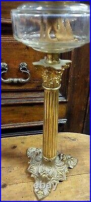 Antique Lumière À Pétrole Bronze D'Or Verre Peinture XIX Siècle Original