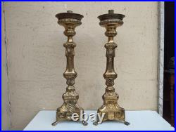 Antique XIXe Siècle Paire De Candélabres Candeliers D'Autel En Bronze Fini Doré