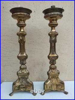 Antique XIXe Siècle Paire De Candélabres Candeliers D'Autel En Bronze Fini Doré