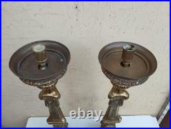 Antique XIXe Siècle Paire De Candélabres Candeliers D'Autel En Bronze Fini Doré