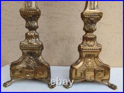 Antique XIXe Siècle Paire De Candélabres Candeliers D'Autel En Bronze Fini Doré