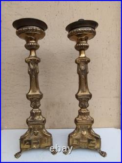 Antique XIXe Siècle Paire De Candélabres Candeliers D'Autel En Bronze Fini Doré