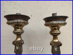 Antique XIXe Siècle Paire De Candélabres Candeliers D'Autel En Bronze Fini Doré