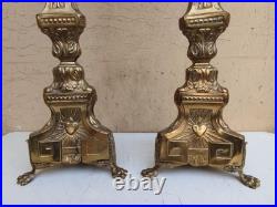 Antique XIXe Siècle Paire De Candélabres Candeliers D'Autel En Bronze Fini Doré