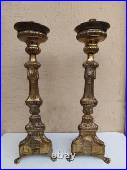 Antique XIXe Siècle Paire De Candélabres Candeliers D'Autel En Bronze Fini Doré