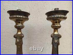 Antique XIXe Siècle Paire De Candélabres Candeliers D'Autel En Bronze Fini Doré