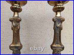 Antique XIXe Siècle Paire De Candélabres Candeliers D'Autel En Bronze Fini Doré