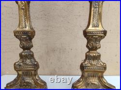 Antique XIXe Siècle Paire De Candélabres Candeliers D'Autel En Bronze Fini Doré