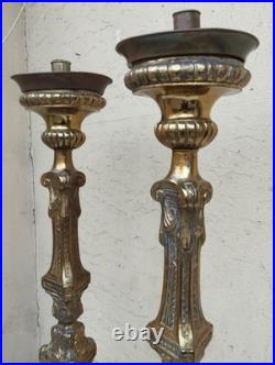 Antique XIXe Siècle Paire De Candélabres Candeliers D'Autel En Bronze Fini Doré
