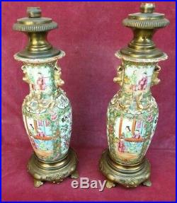 Asie Paire De Lampes En Porcelaine De Canton Montures Bronze Xix° Siècle