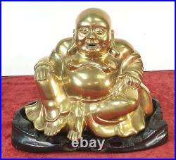 Bouddha Bonheur. Sculpture En Bronze. Base En Bois Xix-xx Siècle