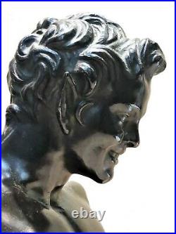 Buste De Un Faune, Fin Antique Européenne Patiné Bronze Sculpture, XIX Siècle