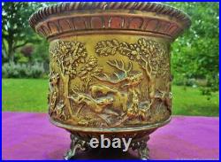 Cache pot ancien chasse laiton bronze XIX siècle Antique 19th century brass bron