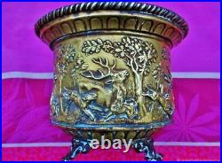 Cache pot ancien chasse laiton bronze XIX siècle Antique 19th century brass bron
