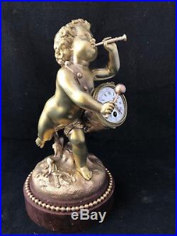 Chérubin au Tambour Pendulette Bronze Doré XIX ème siècle Antique Clock French