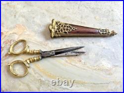 Ciseaux, Couture Broderie, Anciens XIXe siecle, Bronze Doré, Avec Étui
