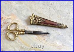 Ciseaux, Couture Broderie, Anciens XIXe siecle, Bronze Doré, Avec Étui