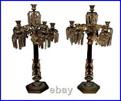 Couple Chandelier Bronze D'Or Pendentif Cristal Stildes XIX Siècle