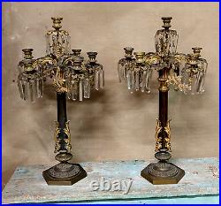 Couple Chandelier Bronze D'Or Pendentif Cristal Stildes XIX Siècle