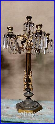 Couple Chandelier Bronze D'Or Pendentif Cristal Stildes XIX Siècle