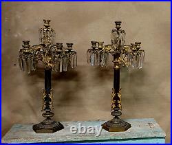 Couple Chandelier Bronze D'Or Pendentif Cristal Stildes XIX Siècle