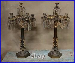 Couple Chandelier Bronze D'Or Pendentif Cristal Stildes XIX Siècle