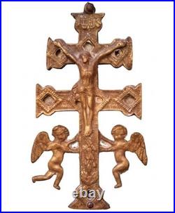 Croix De Caravaca Antique Avec Anges. Bronze. Espagne. Xixe Siècle