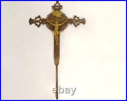 Croix de procession crucifix Christ Vierge bronze doré argenté XIXè siècle