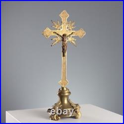 Crucifix Ancien Bronze Doré Base Circulaire Italie XIXe-XXe Siècle Original